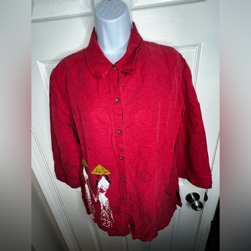 NWT Vtg Chico's 2 Large Silk Chinese New Year Asian Print Red Blouse Top 12 14 - Picture 12 of 15
